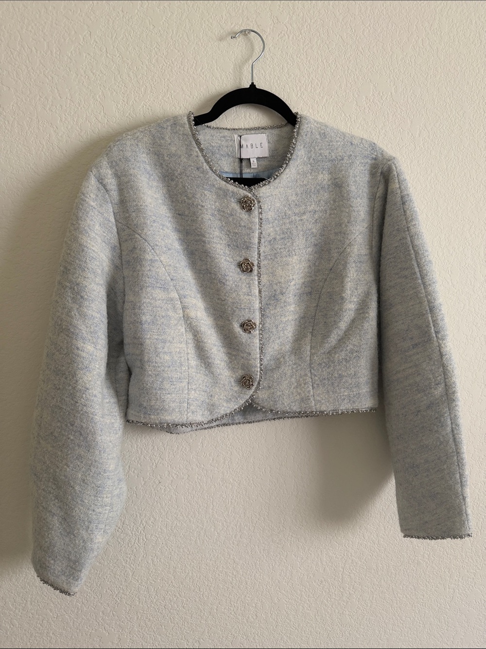 Mable Cropped Tweed Jacket in Light Blue Gray